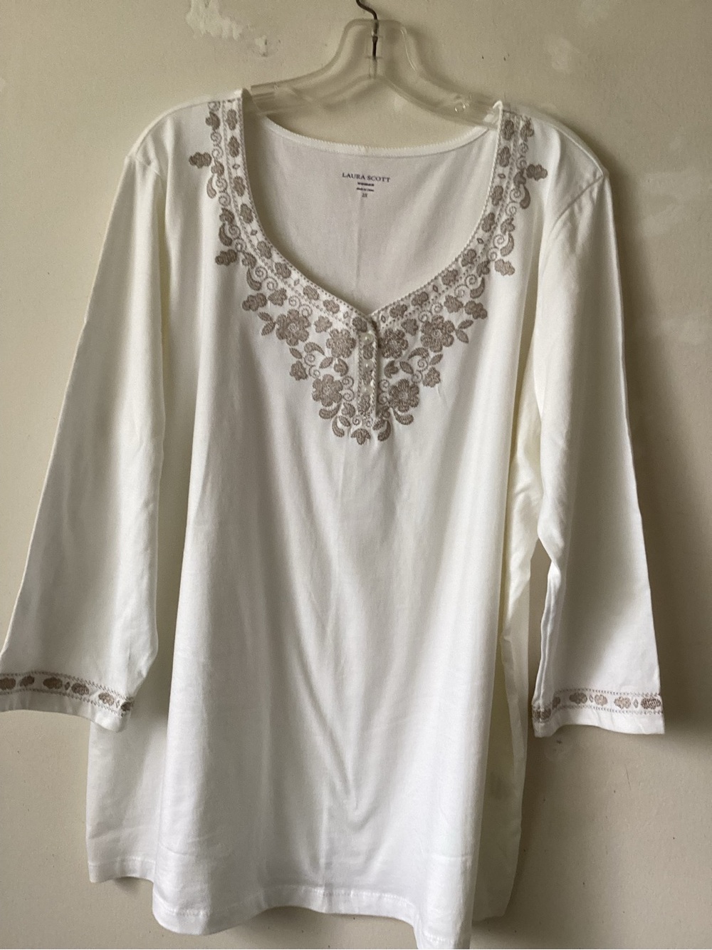 Laura Scott White Long-Sleeve V-Neck Top with Taupe Floral Embroidery